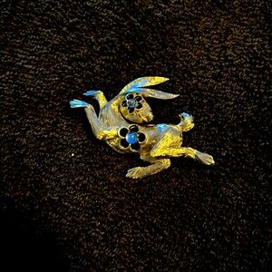 Silver bunny, rabbit brooch with a blue little pearl
